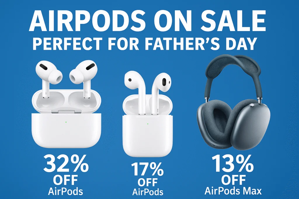 Apple AirPods Pro 2, AirPods 3, and AirPods Max side-by-side with discount percentages, promoting Father’s Day 2025 sales on wireless audio gifts.