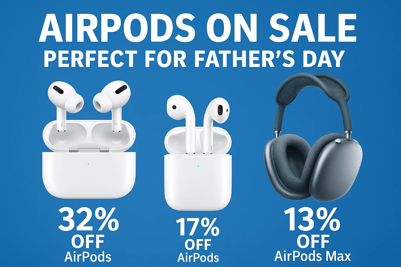 Apple AirPods Pro 2, AirPods 3, and AirPods Max side-by-side with discount percentages, promoting Father’s Day 2025 sales on wireless audio gifts.