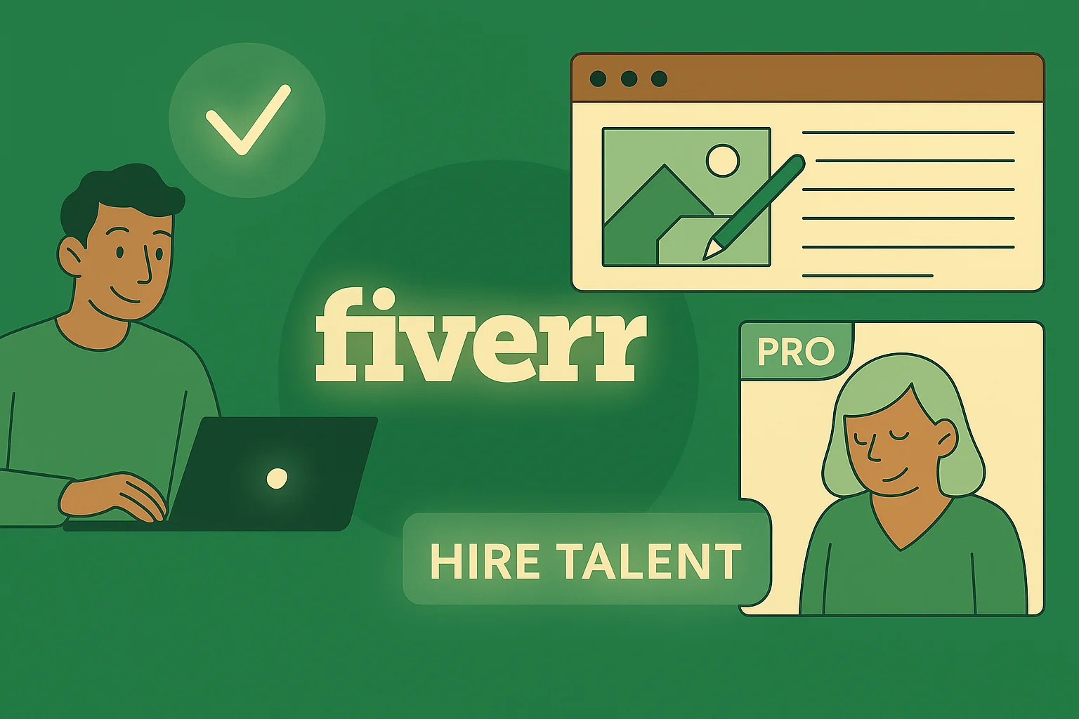 Fiverr freelance marketplace graphic showing a user hiring talent online, with Fiverr Pro and marketplace.