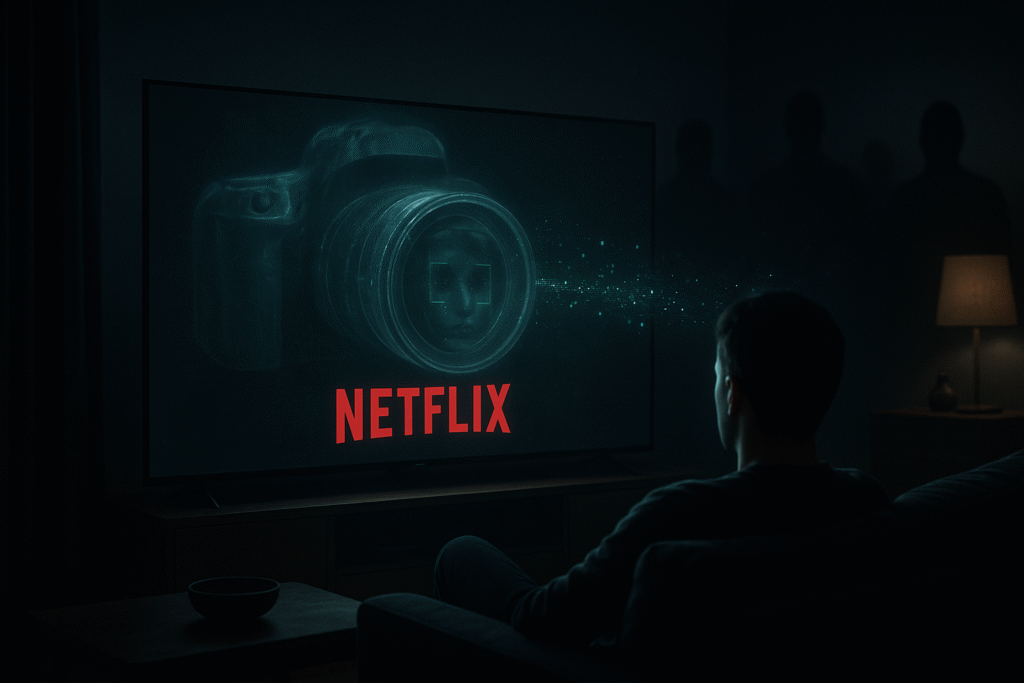 Person watching Netflix on smart TV while TV screen displays surveillance camera watching back in dark room setting