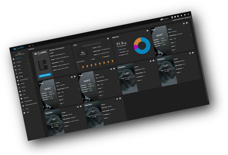 TrueNAS Core dashboard interface showing storage pools, system status, and network configuration options for enterprise-grade network storage management