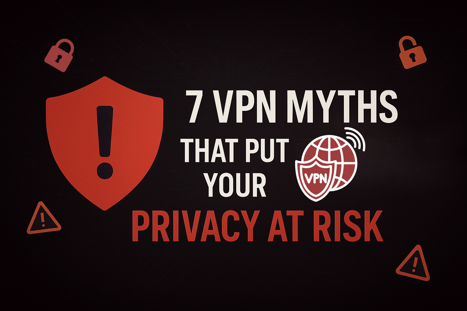 7 VPN myths that put your privacy at risk blog post thumbnail with red security shield and warning symbols